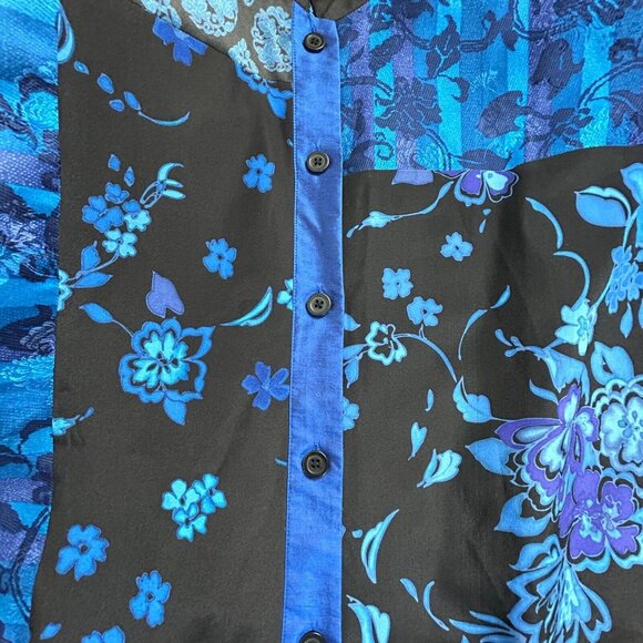 Koos Of Course Women's Long Sleeve Button Down Top Silk 1X Blue Floral Patchwork - Picture 5 of 9